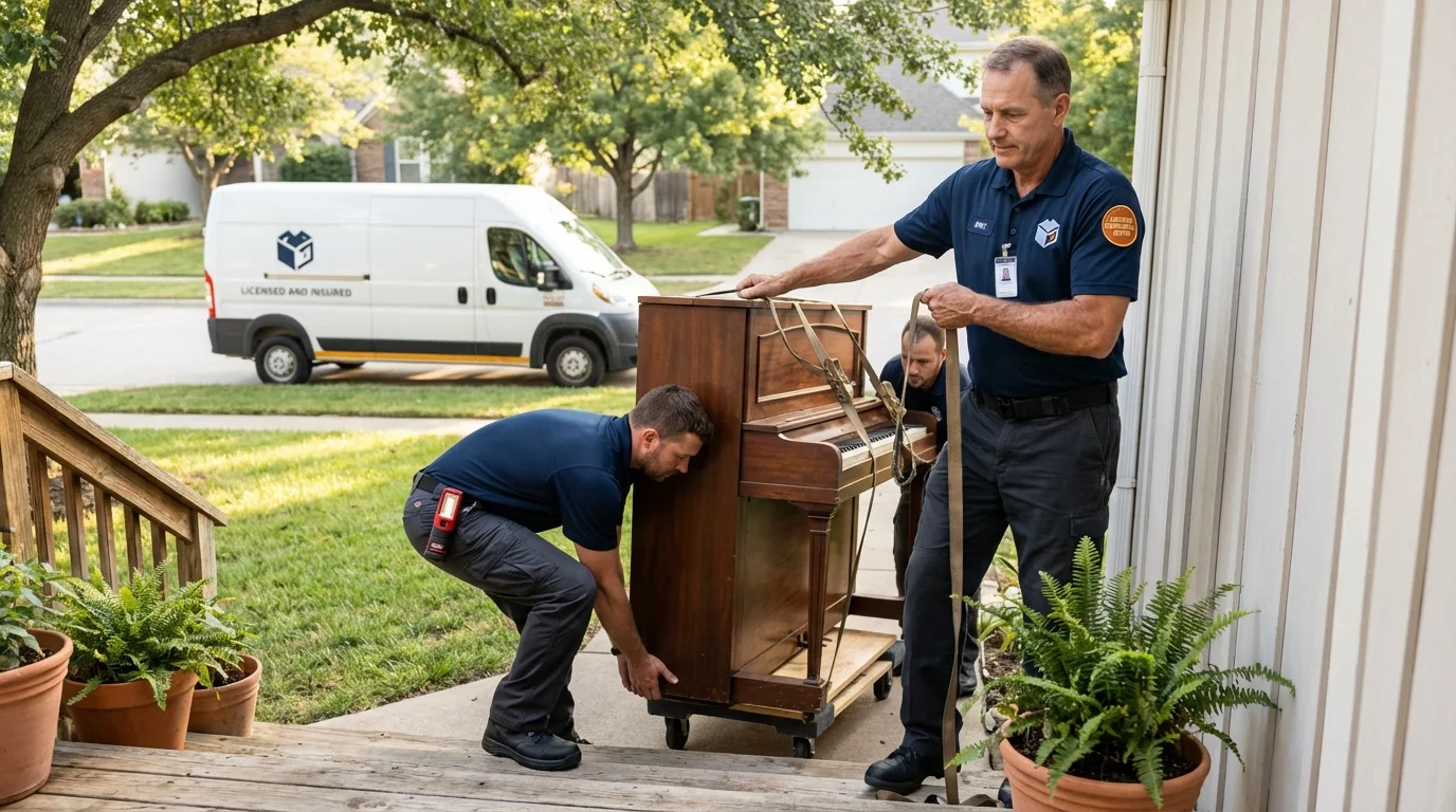 Licensed piano movers securing grand piano in Rome City, IN