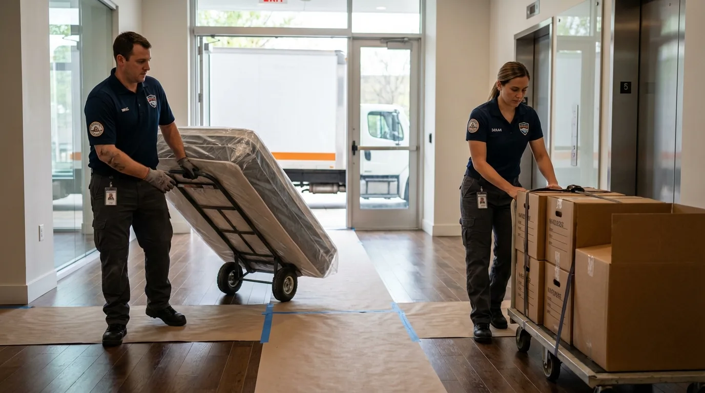 Professional apartment movers loading elevator in Rome City, IN