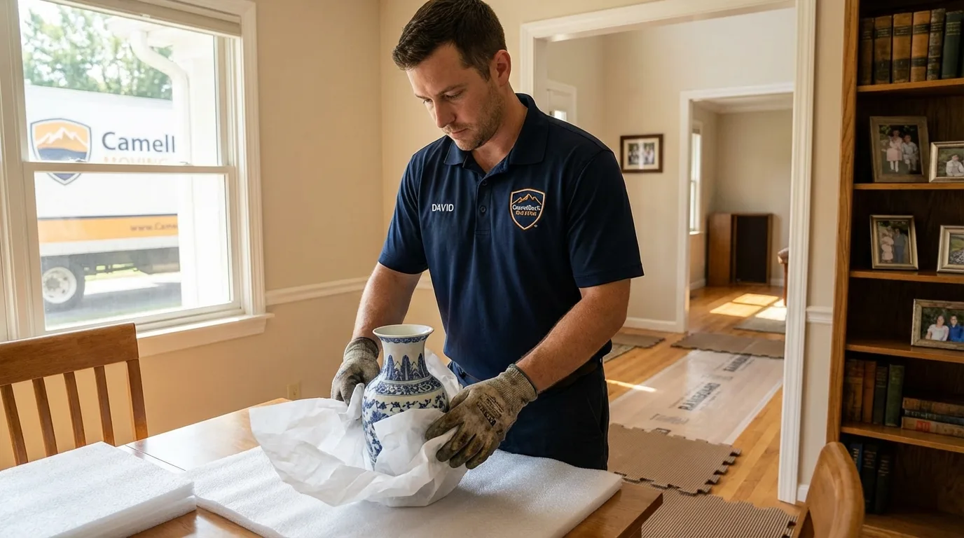 Professional crew carefully wrapping antique vase for senior downsizing move in Rome City, IN