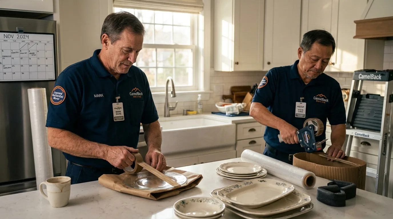 Professional crew packing kitchen dishware in Rome City, IN